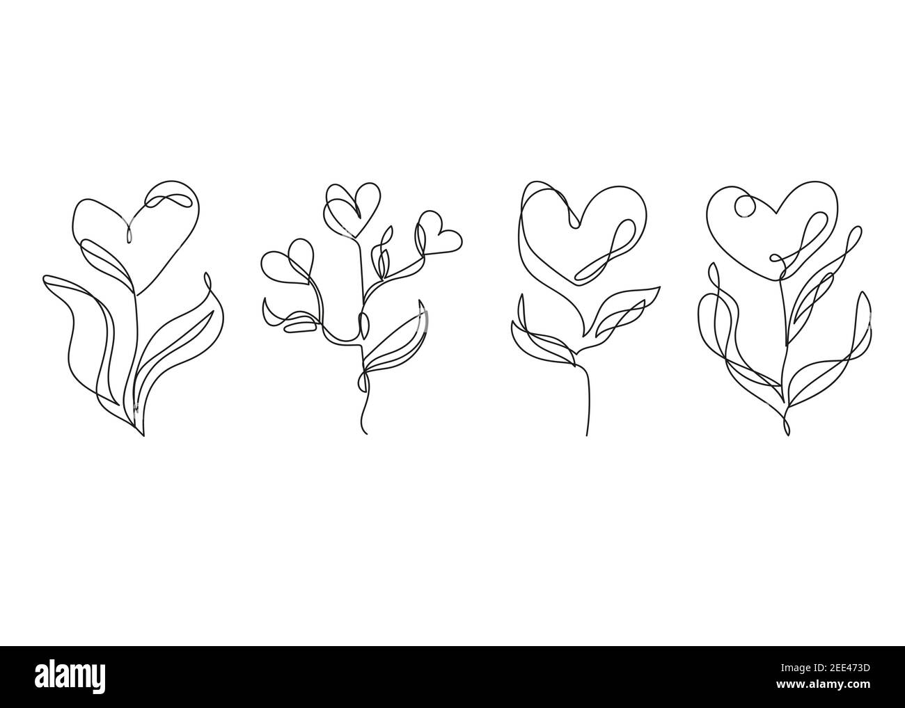 Continuous line drawing. One line flower in the shape of a heart. Modern linear art on white background Stock Vector
