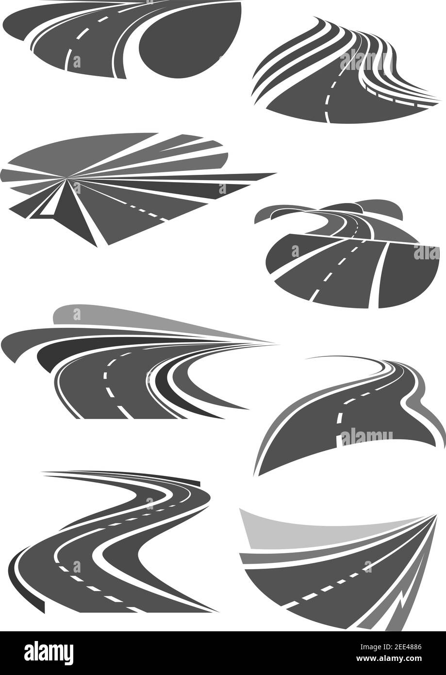 Road and highways vector icons set for travel trip or tourist company or motorway repair and construction service corporation. Design elements and sym Stock Vector
