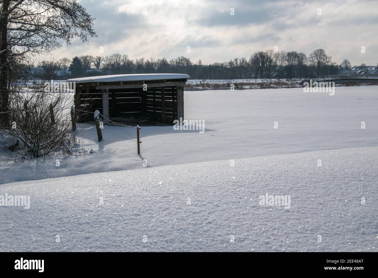 Onset of winter in Bünde. Everything is covered in deep snow. Stock Photo