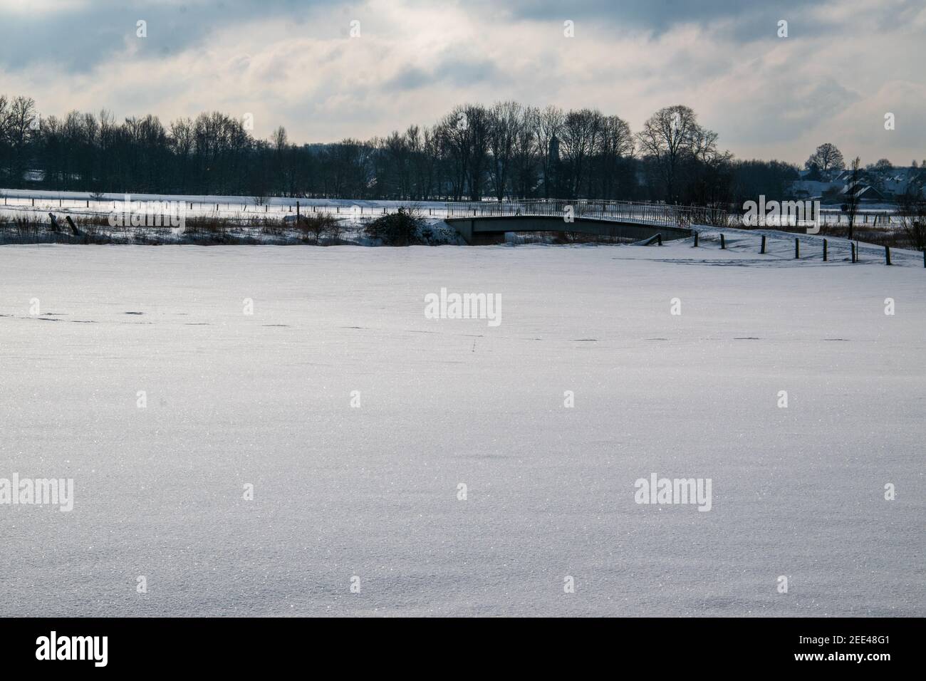 Onset of winter in Bünde. Everything is covered in deep snow. Stock Photo