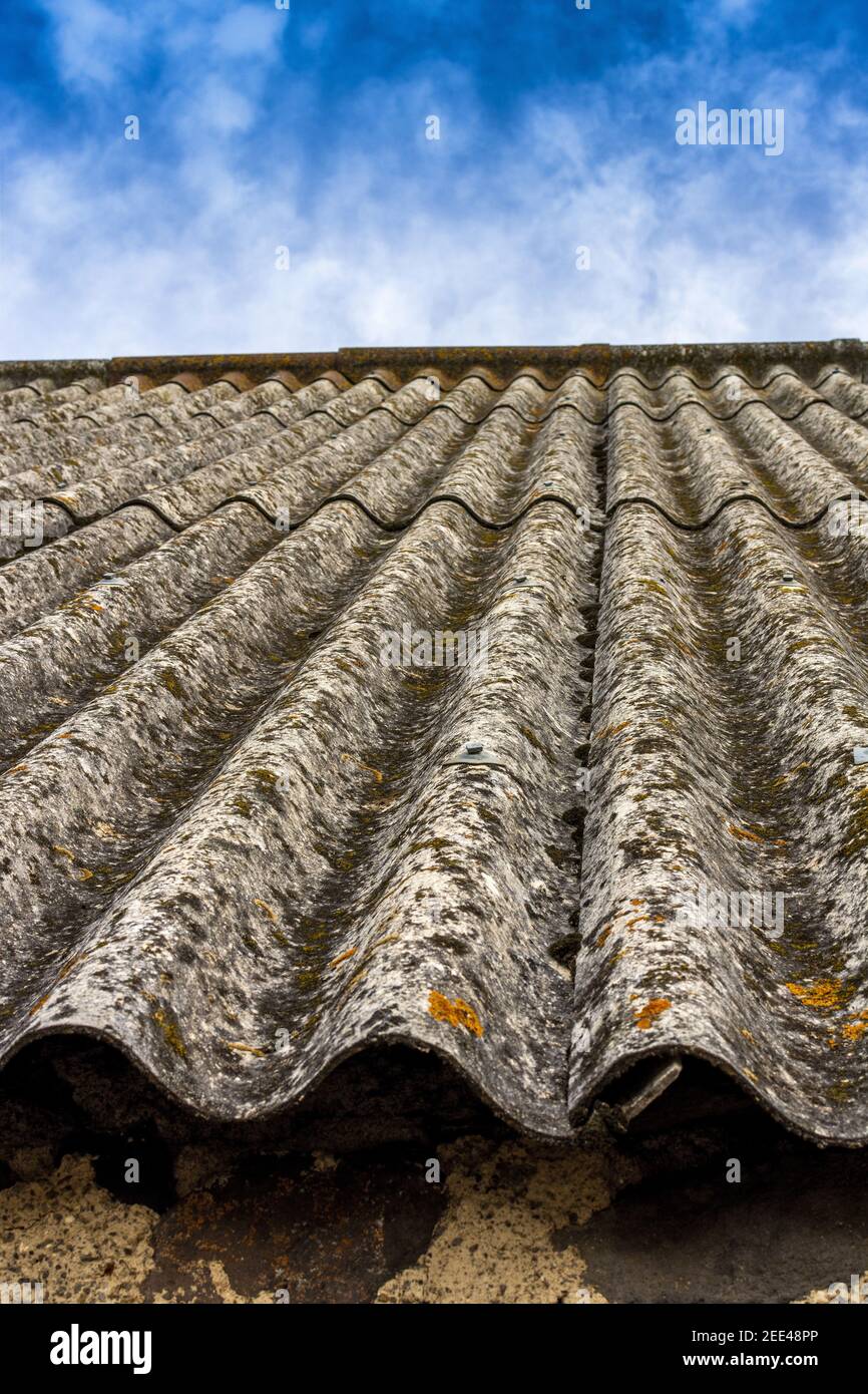 Closeup shot of roof tiles covered in rust under the the cloudy sky Stock Photo