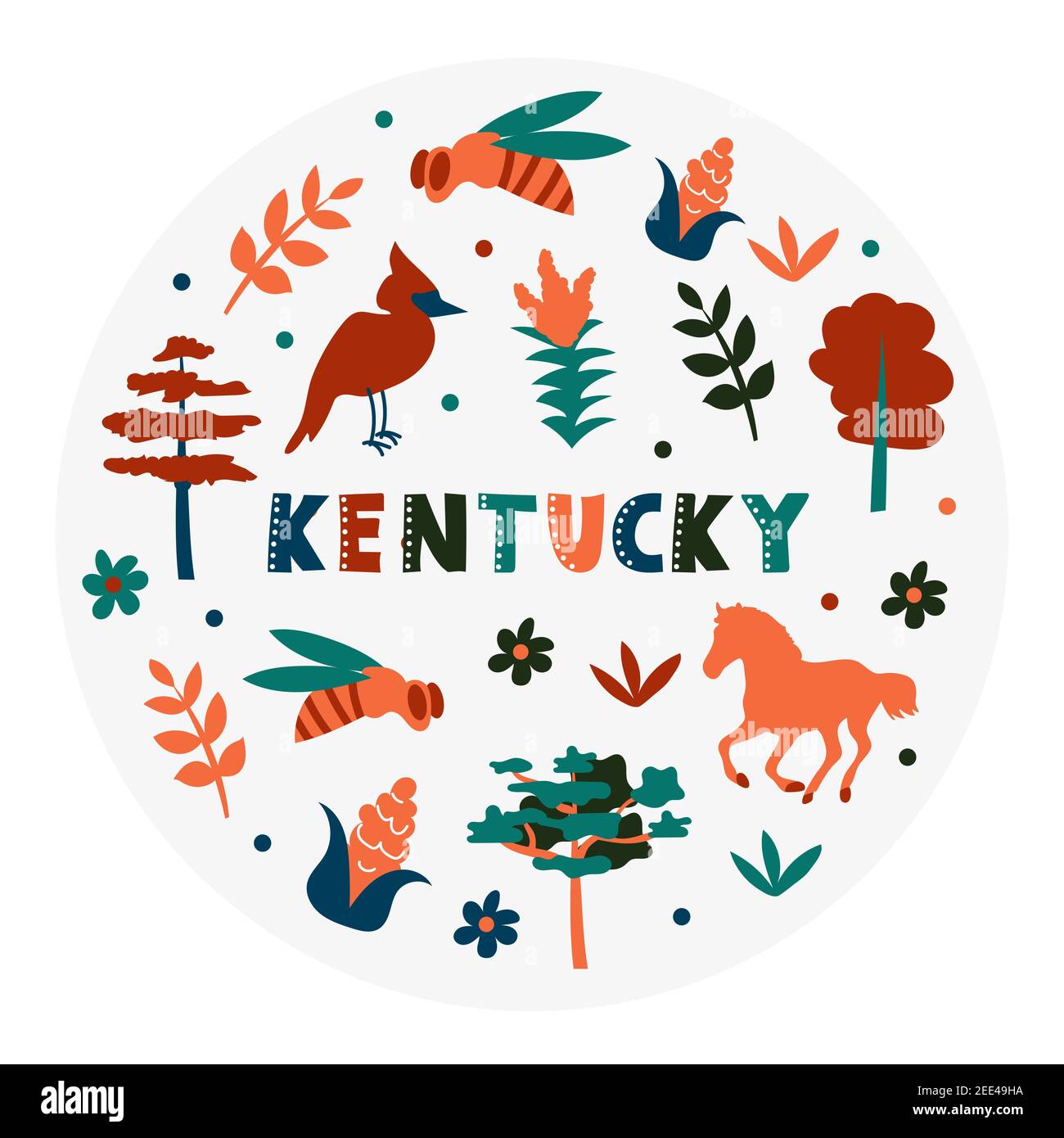 USA collection. Vector illustration of Kentucky theme. State Symbols - round shape Stock Vector