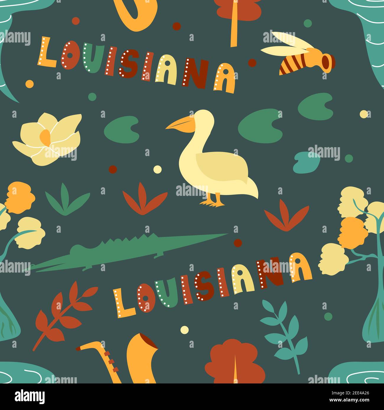 USA collection. Vector illustration of Louisiana theme. State Symbols - seamless pattern Stock Vector
