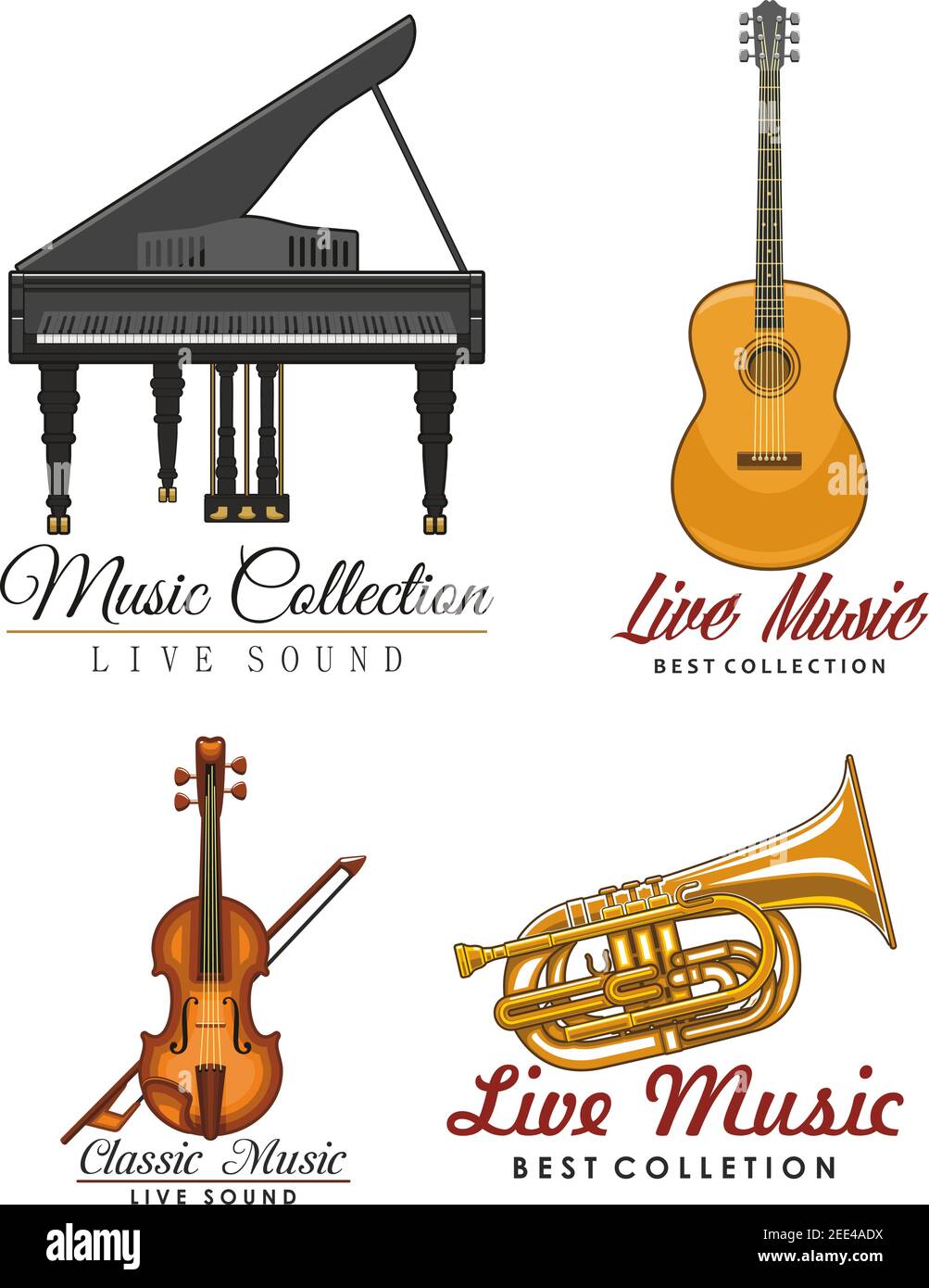 Live music vector icons set for musical sound festival labels. Isolated symbols of classic musical instruments piano and guitar, fiddle violin or cont Stock Vector