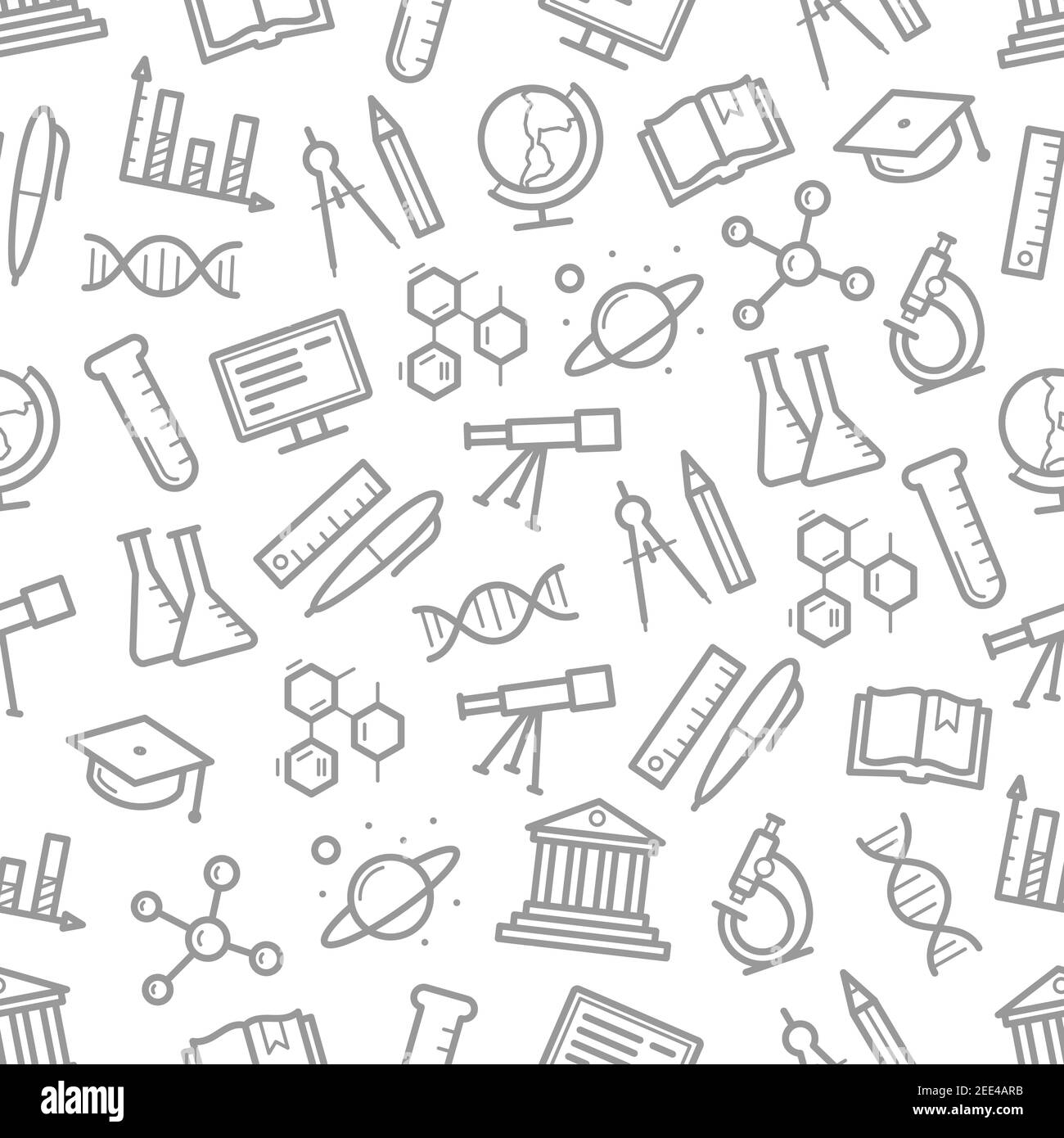 Science seamless pattern of vector thin line scientific symbols of astronomy, chemistry, physics