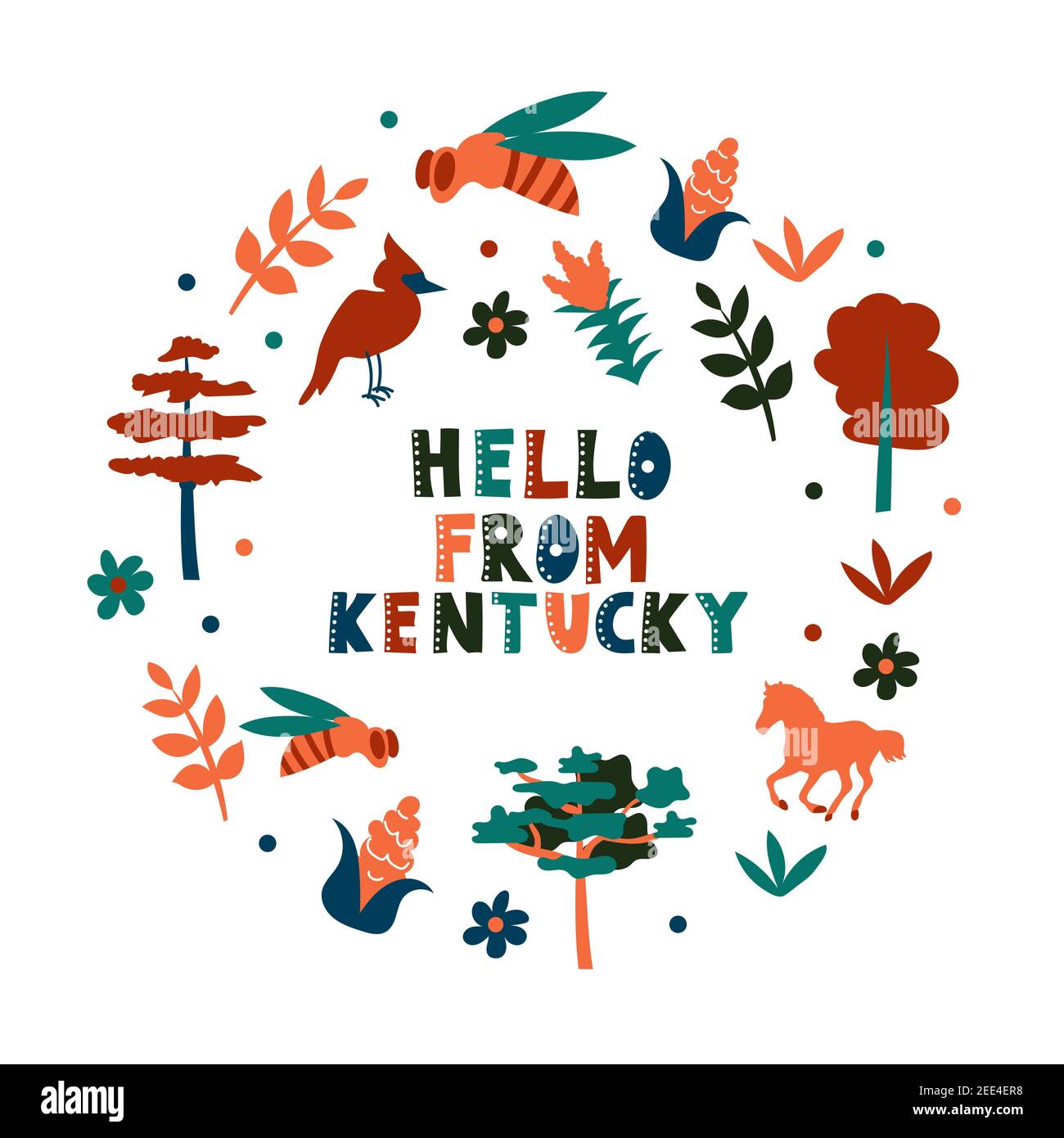 USA collection. Hello from Kentucky theme. State Symbols round shape card Stock Vector