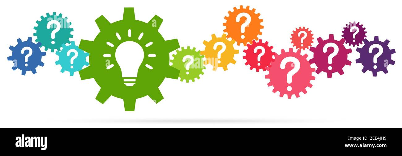 eps vector illustration of colored gears symbolizing cooperation or teamwork process with question marks and glowing light bulb for great solution ide Stock Vector