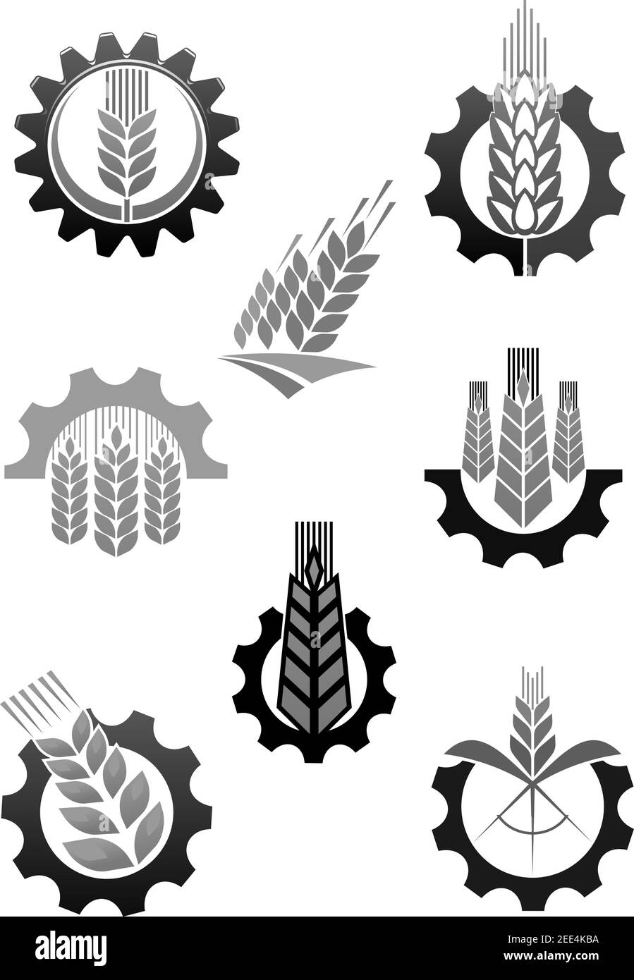 Agriculture and farming icons of wheat or rye ear and cogwheel. Grain milling factory and harvesting plant or farm house vector machine wheel tire sym Stock Vector