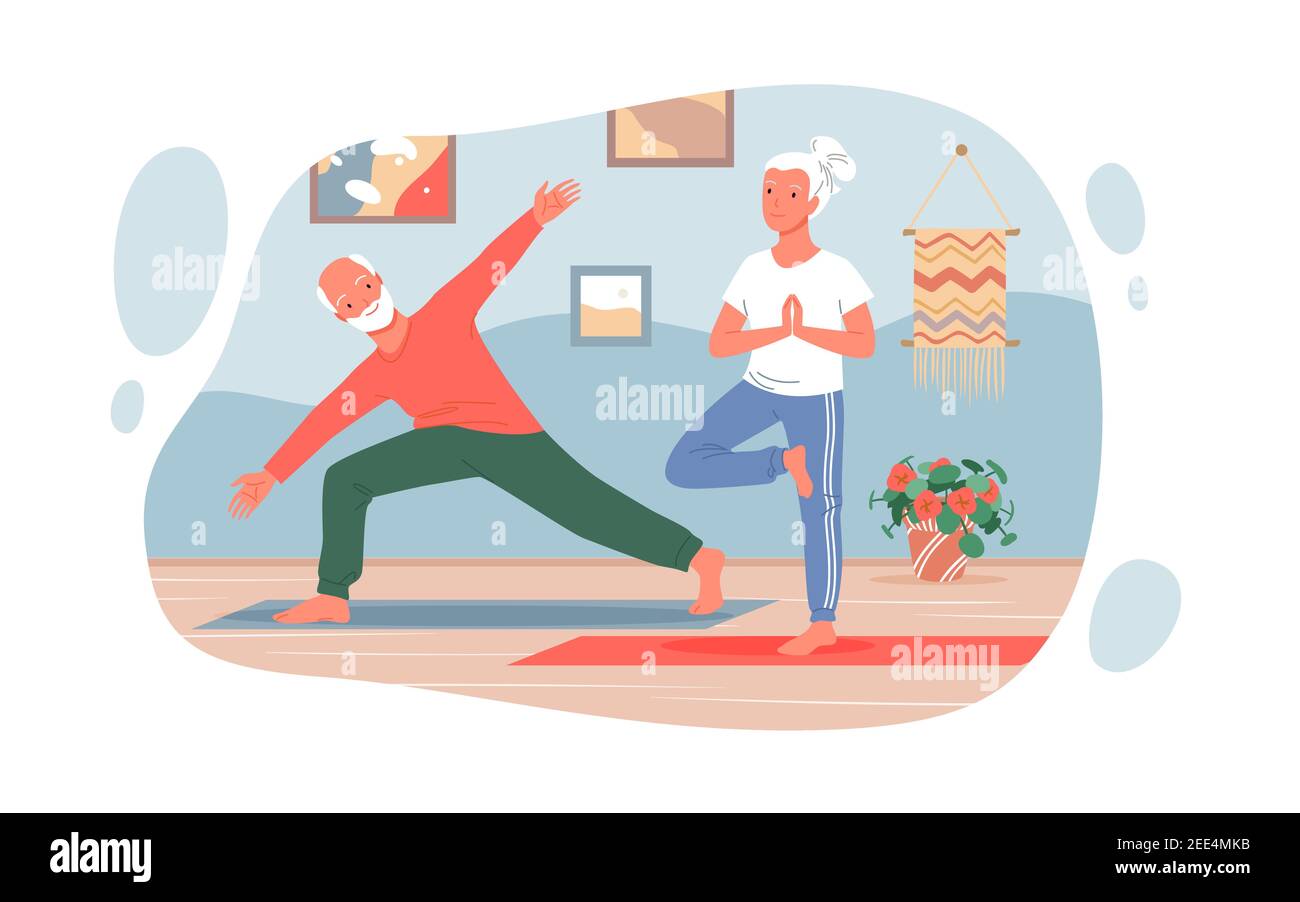 Old people practice yoga sport exercises at home, cute active elderly couple training Stock Vector