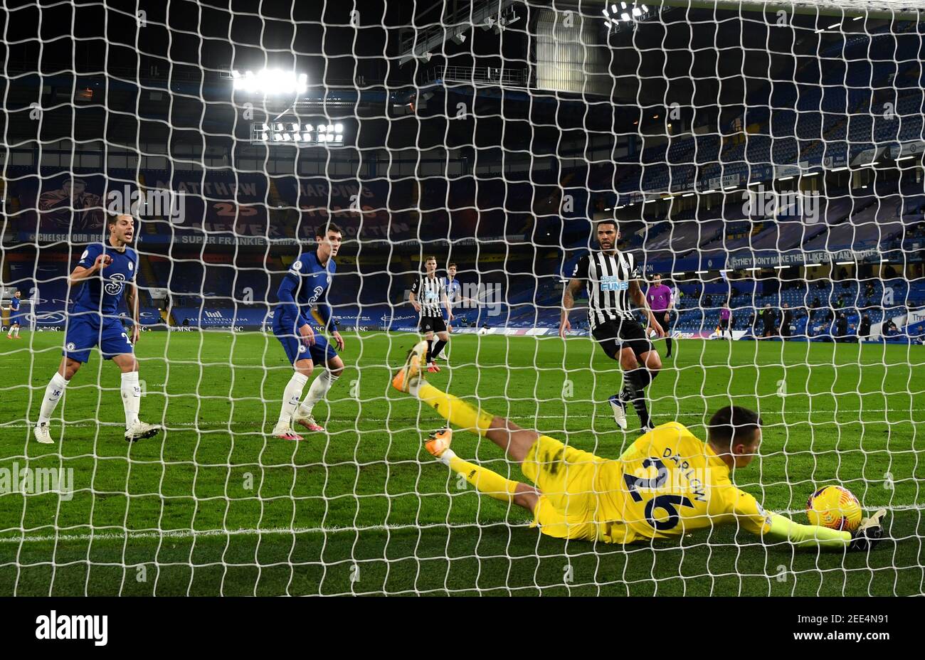 Newcastle United goalkeeper Karl Darlow concedes Chelsea's second goal of the game scored by Timo Werner (not pictured) during the Premier League match at Stamford Bridge, London. Picture date: Monday February 15, 2021. Stock Photo