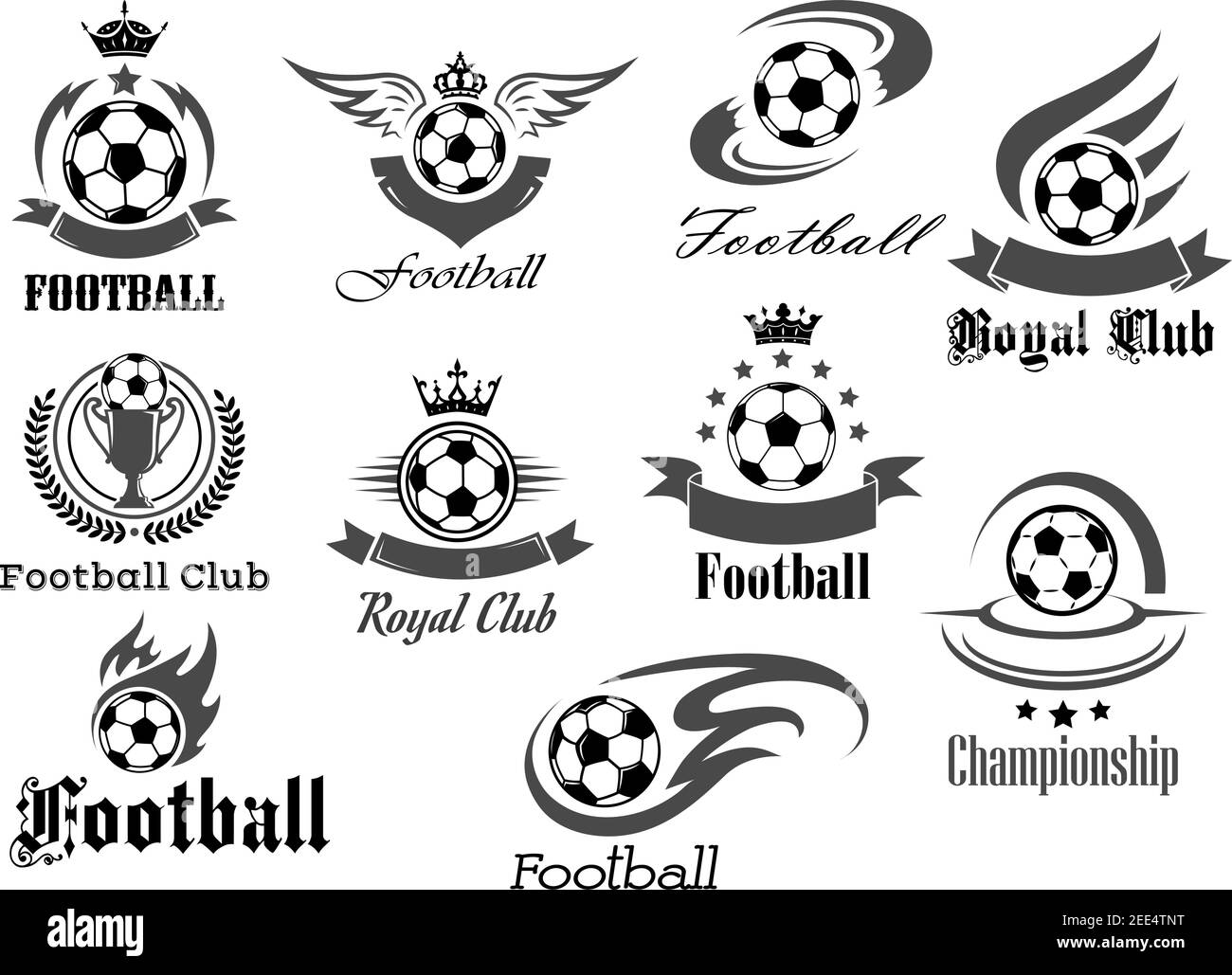 Football royal club icons set. Soccer tournament or championship game award badges templates. Vector symbols of fire ball with wings, goal victory rib Stock Vector