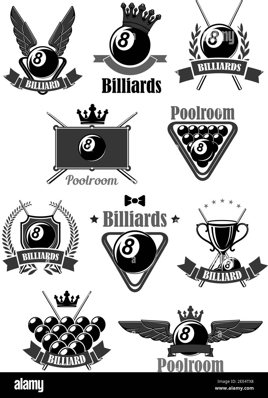 Billiards club or championship symbols. Vector icons for pool game contest of billiard balls in triangle, champion winner cup prize and heraldic laure Stock Vector
