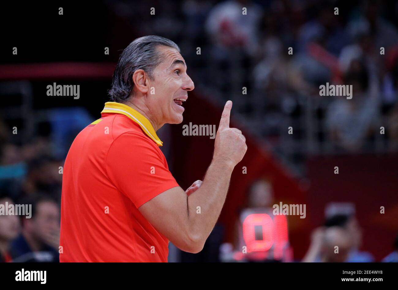 Basketball - FIBA World Cup - Final - Argentina v Spain - Wukesong Sport Arena, Beijing, China - September 15, 2019  Spain coach Sergio Scariolo gestures  REUTERS/Jason Lee Stock Photo