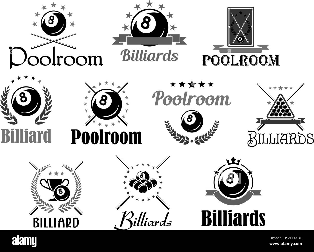 Billiards club or pool room sport tournament awards icons. Vector symbols of billiard cue and balls in triangle, heraldic laurel wreath and champion w Stock Vector