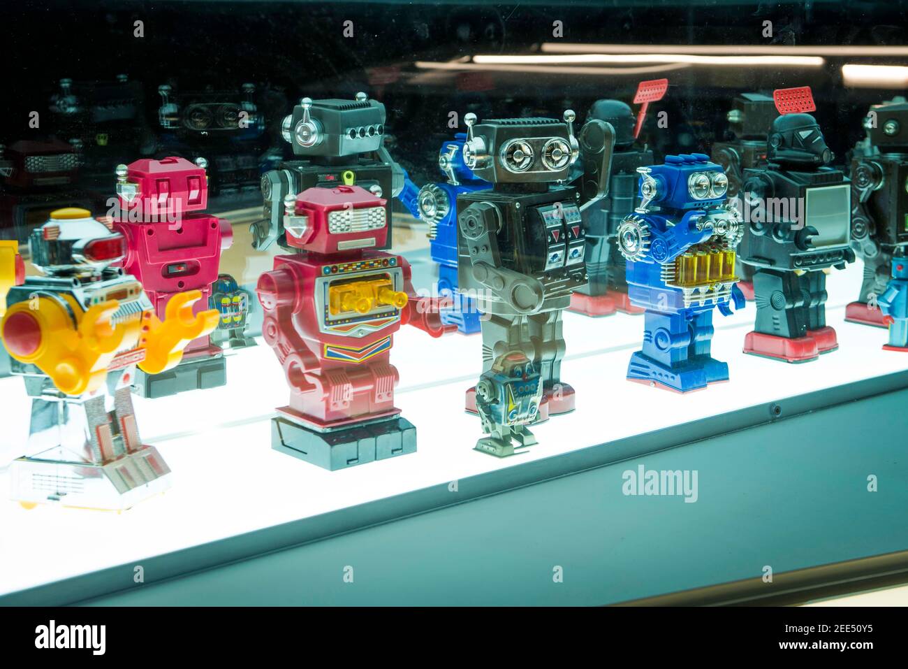 Japanese toy robots on display at the Into The Unknown: A Journey Through Science Fiction exhibition, at the Barbican, London.  Picture date: Thursday 1st June 2017.  Photo credit should read: © DavidJensen/EMPICS Entertainment Stock Photo