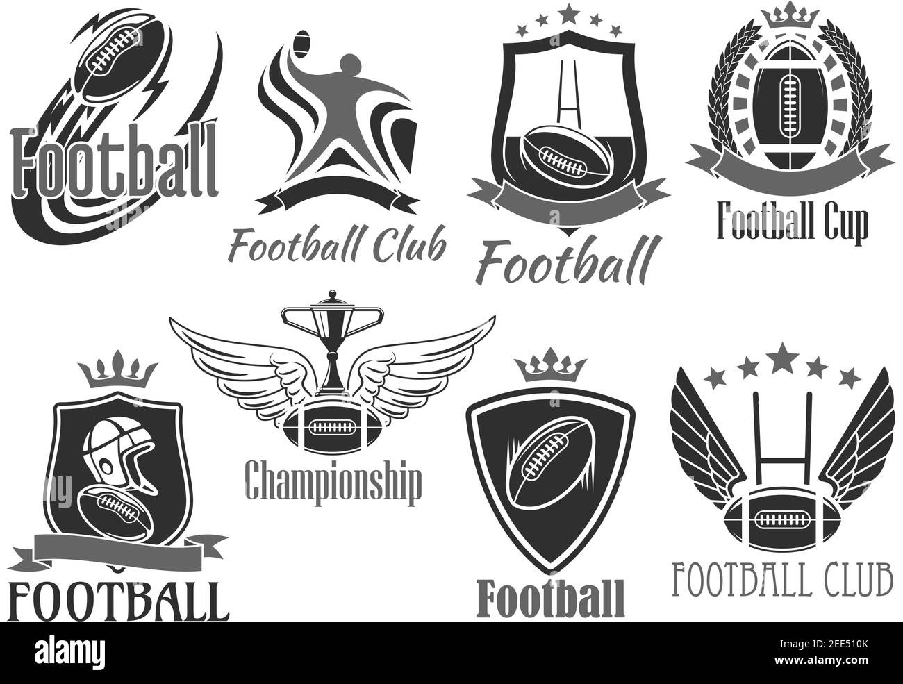 Rugby football club tournament or championship cup badges set. Vector icons of flying rugby ball on wings, player helmet, champion ribbon and winner g Stock Vector