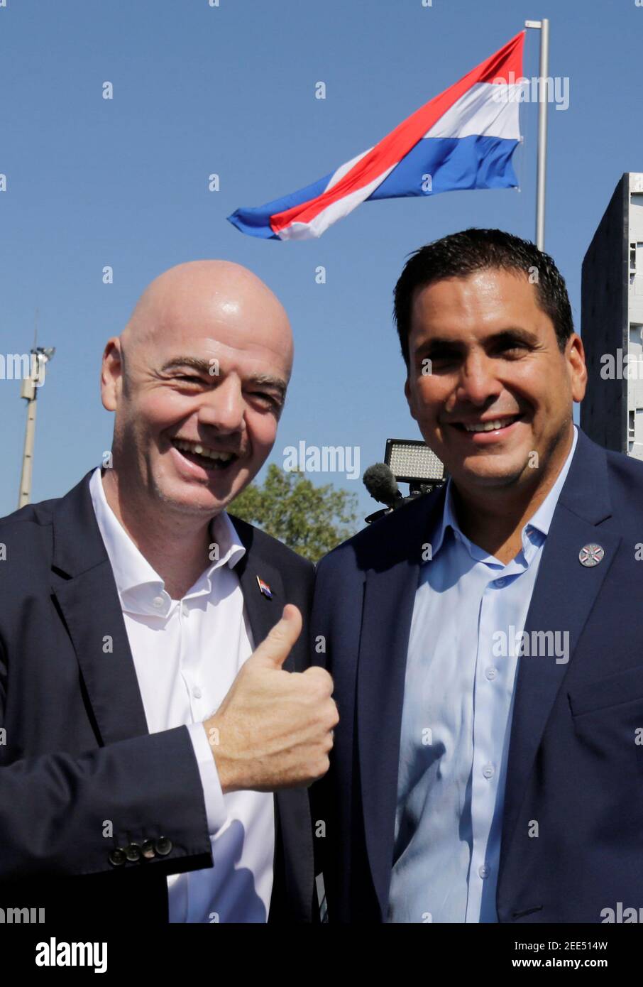 Inauguration of football facilities in Paraguay - Paraguayan Football Association Headquarters Luque, Paraguay - November 9, 2019       Robert Harrison, President of the Paraguayan Football Association with Gianni Infantino, FIFA president during the inauguration of their new headquarters in Luque   REUTERS/Jorge Adorno Stock Photo