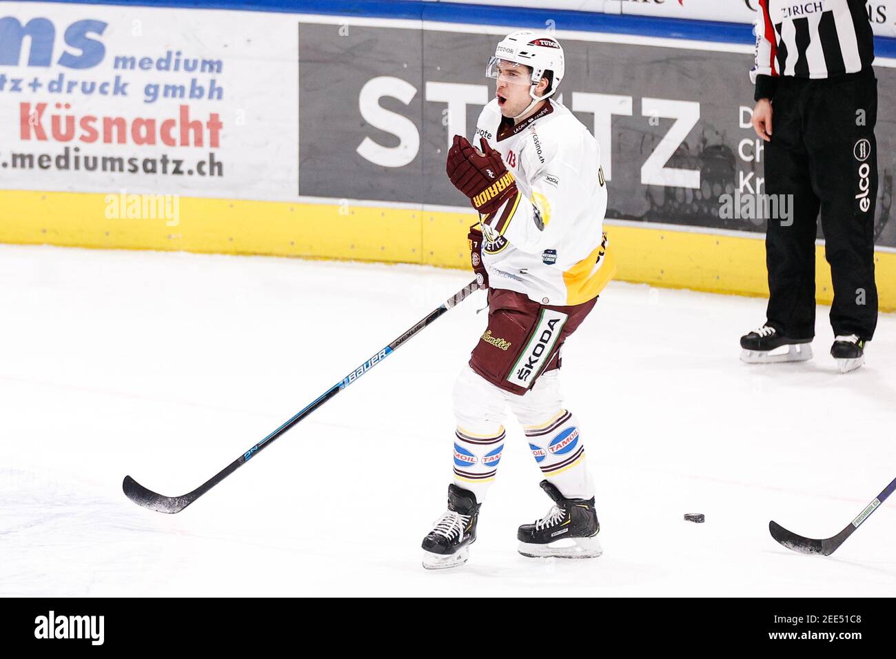 February 15, 2021, Zurich, Hallenstadion, National League: ZSC Lions - Geneve-Servette HC, # 7 Henrik Toemmernes (Geneva) cheers after his winning goal in extra time Credit: SPP Sport Press Photo. /Alamy Live News Stock Photo