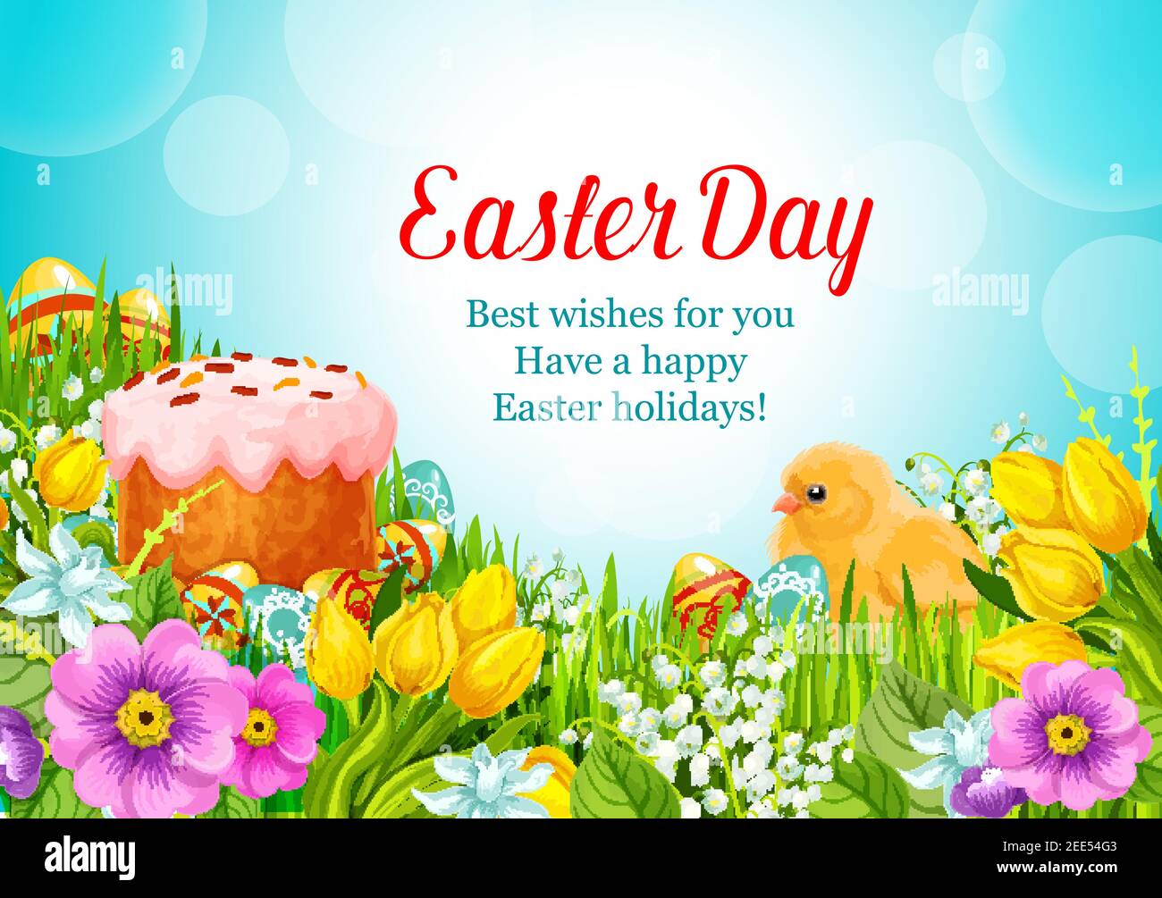 Easter Day greeting card of paschal cake and eggs and chick in ...
