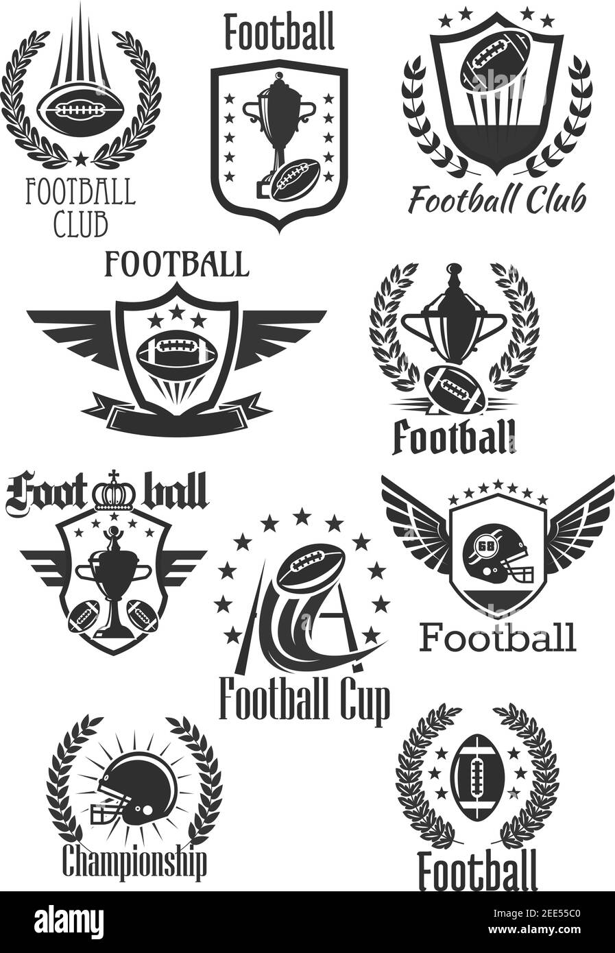 Rugby football club icons set for tournament or championship cup. Badges of fire rugby ball with wings and player safety helmet mask. Vector champion Stock Vector