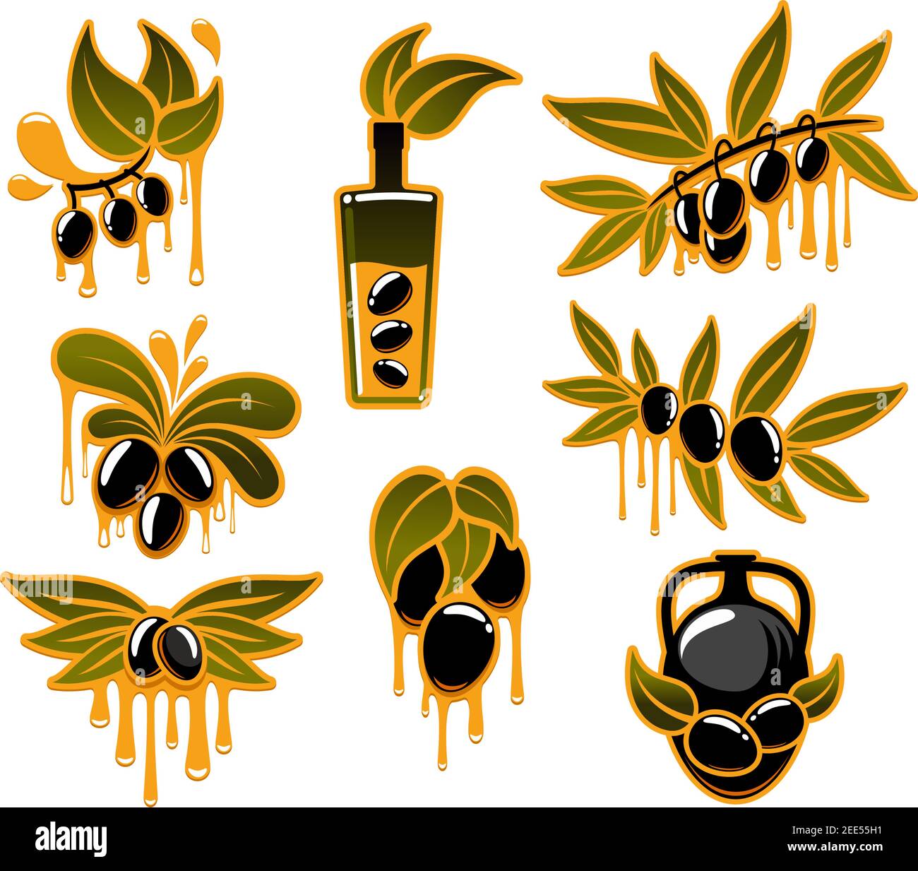 Olive oil and olives vector isolated icons set. Dripping drops of oil ...