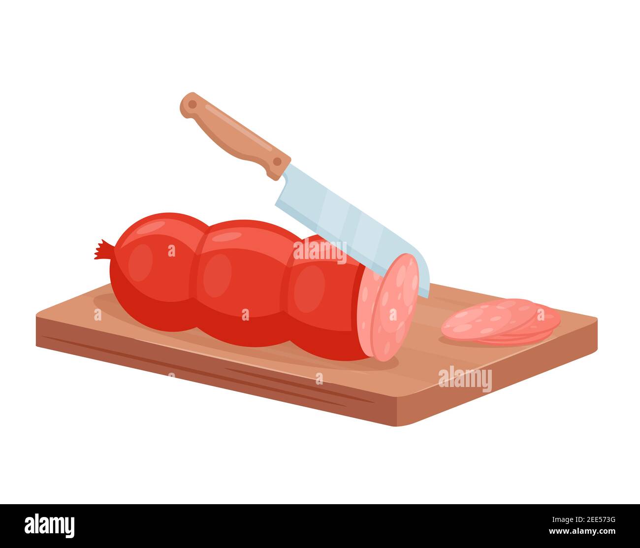 Cut meat delicatessen product salami with chef knife isometric 3d slicing process Stock Vector