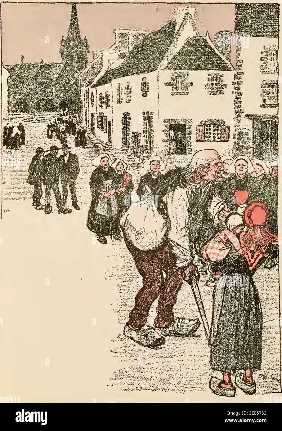 Vintage artwork by Theophile Steinlen entitled Le Vieux or The Old Man. An elderly gentleman interacts with the towns-folk in a northern french village. Stock Photo
