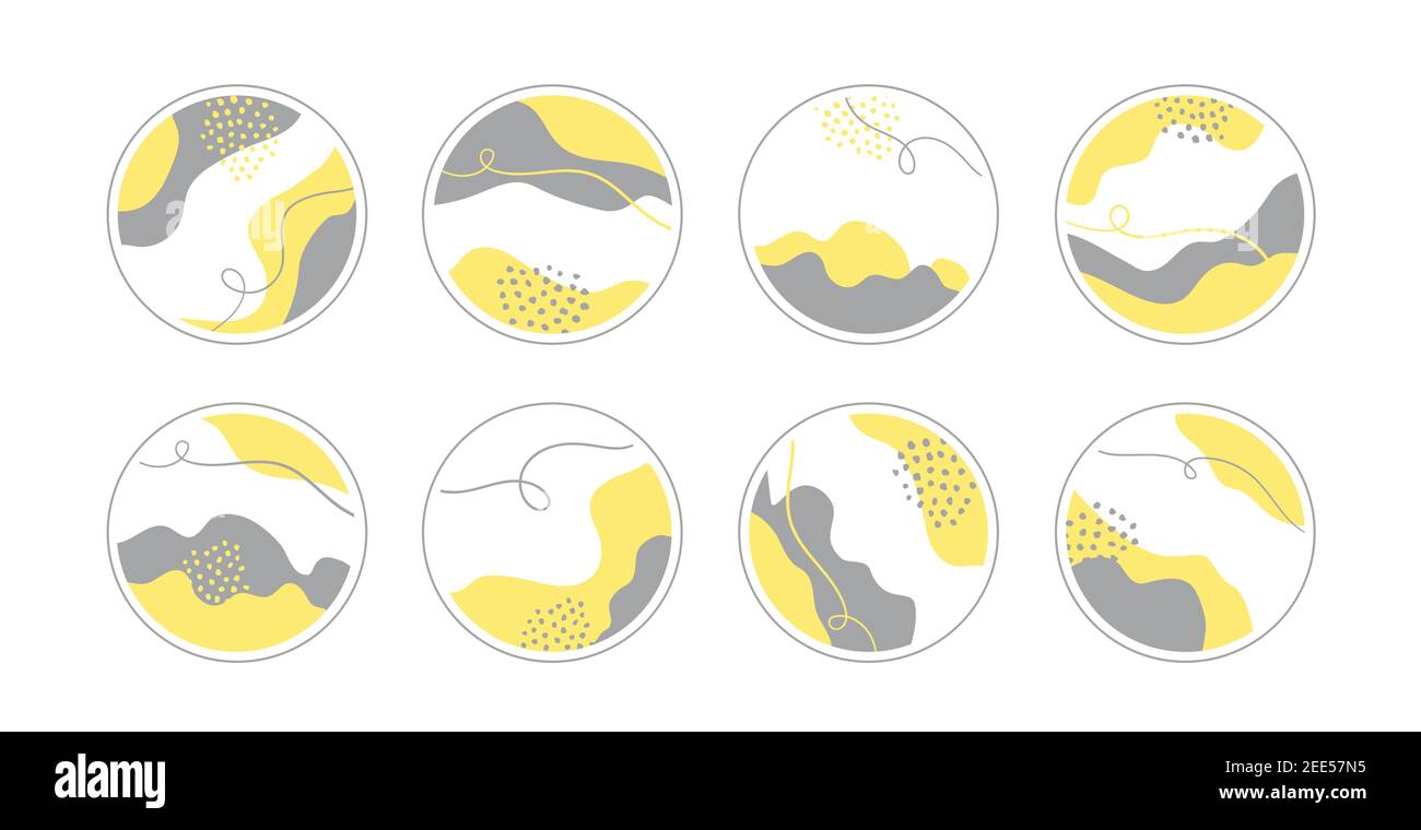 Vector highlight story cover icons for instagram. Abstract minimal circle backgrounds in yellow and gray colors Stock Vector