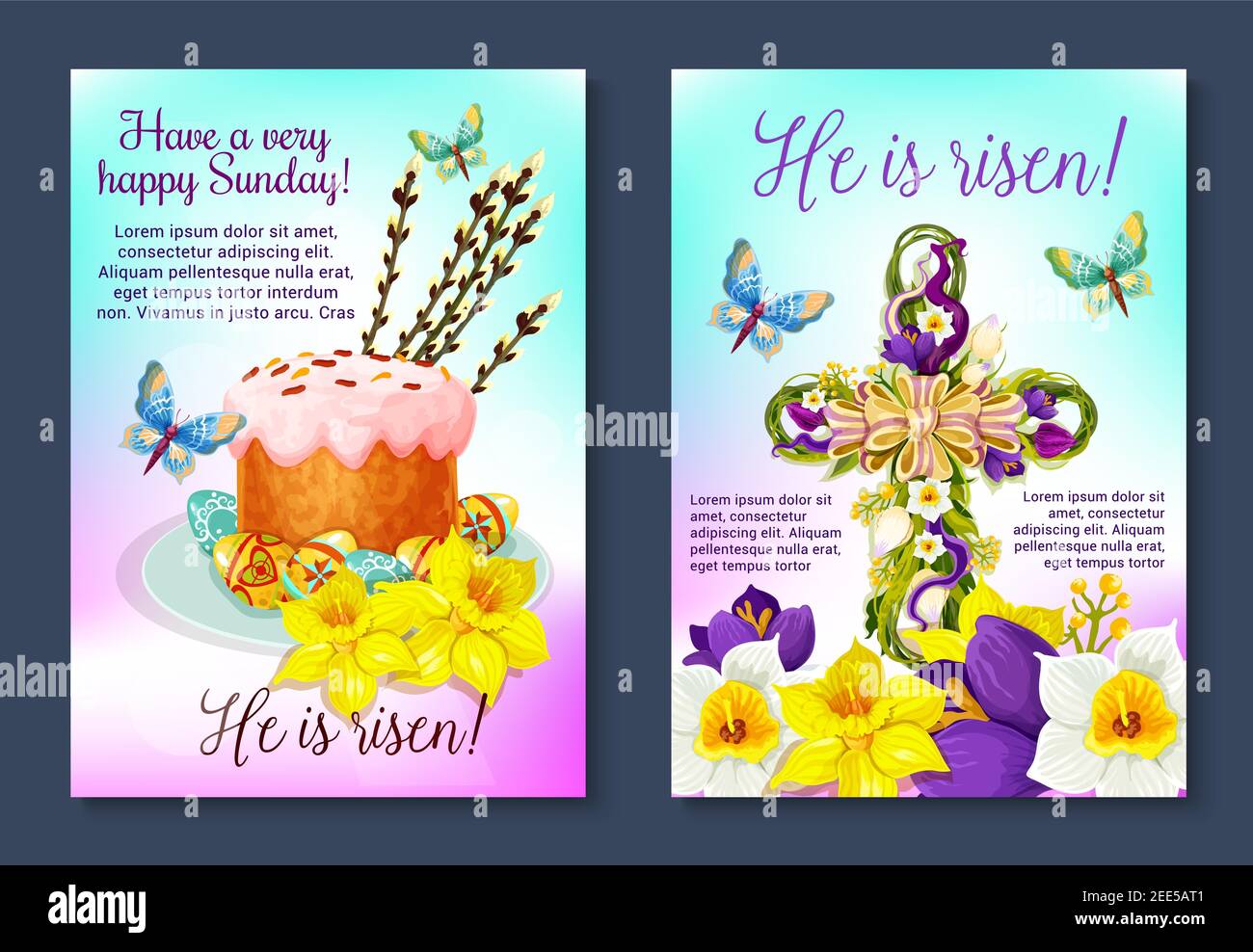 Easter He is Risen posters of crucifix cross decorated by floral wreath and paschal cake with eggs, candles and willow switches. Vector greeting for E Stock Vector