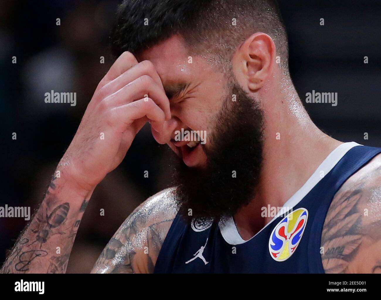 Basketball - FIBA World Cup - Semi Finals - Argentina v France - Wukesong Sport Arena, Beijing, China - September 13, 2019 France's Vincent Poirier looks dejected during the match REUTERS/Jason Lee Stock Photo
