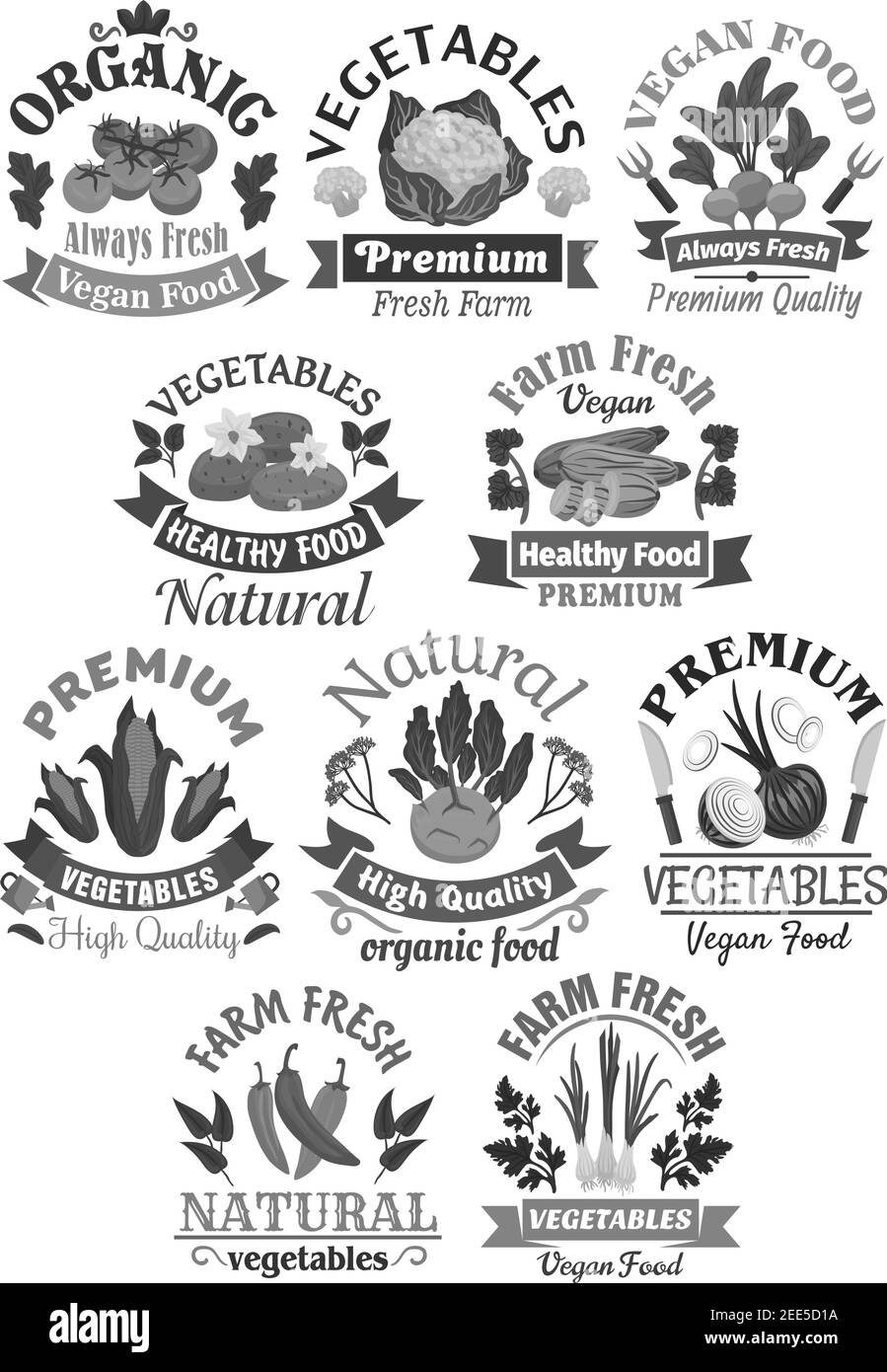 Vegetables vector icons of farm veggies harvest tomato and cauliflower, radish or beet and potato, zucchini squash and corn. Fresh vegan onion, kohlra Stock Vector