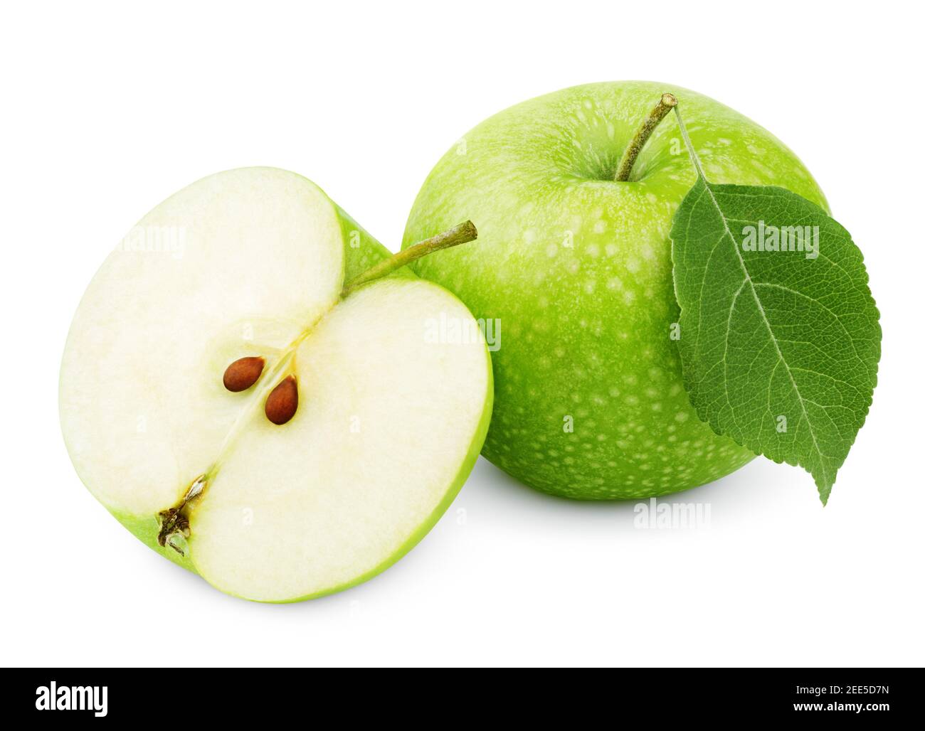 Whole ripe green apple with leaf and half isolated on white background with clipping path Stock Photo