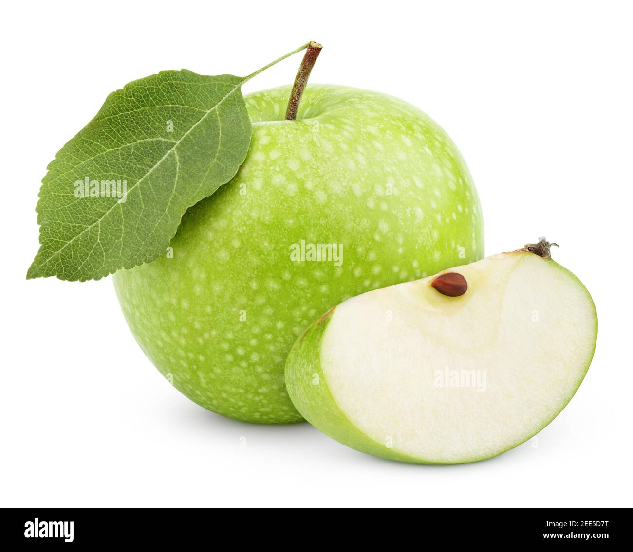Ripe green apple with leaf and slice isolated on a white background with clipping path Stock Photo