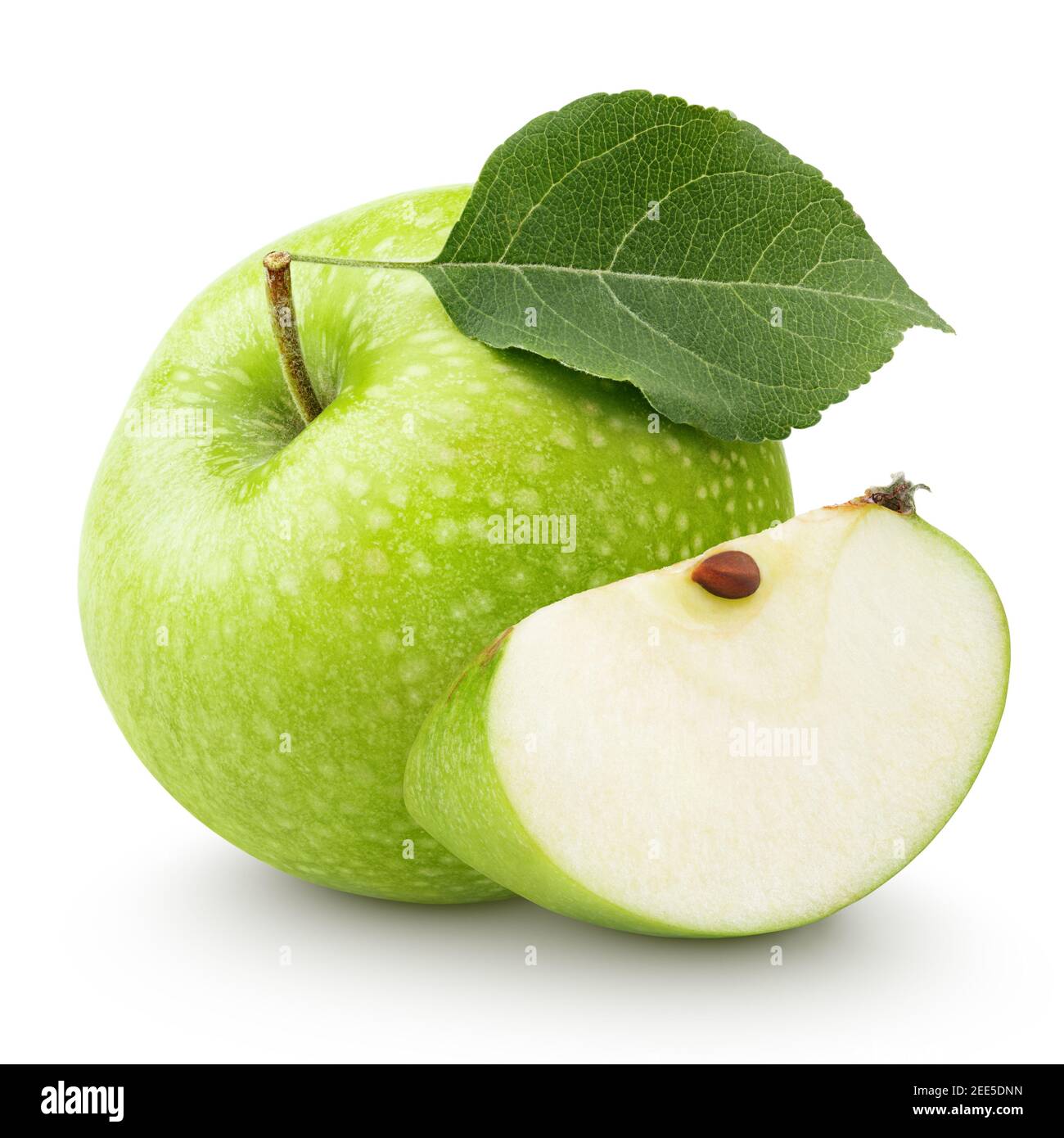 Ripe green apple with leaf and slice isolated on a white background with clipping path Stock Photo