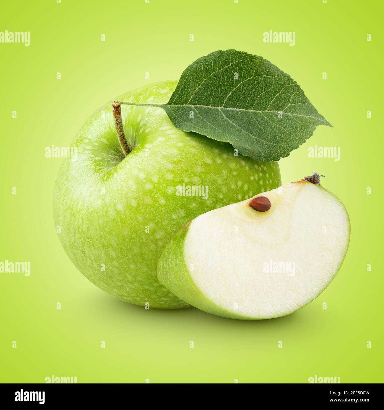 Ripe green apple with leaf and slice with clipping path Stock Photo