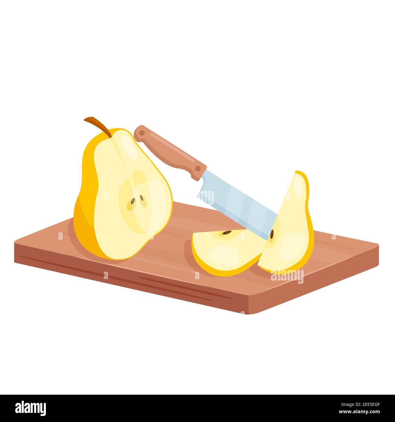 Cut pear fruit slices, isometric half and sliced pear and knife in cooking food process Stock Vector