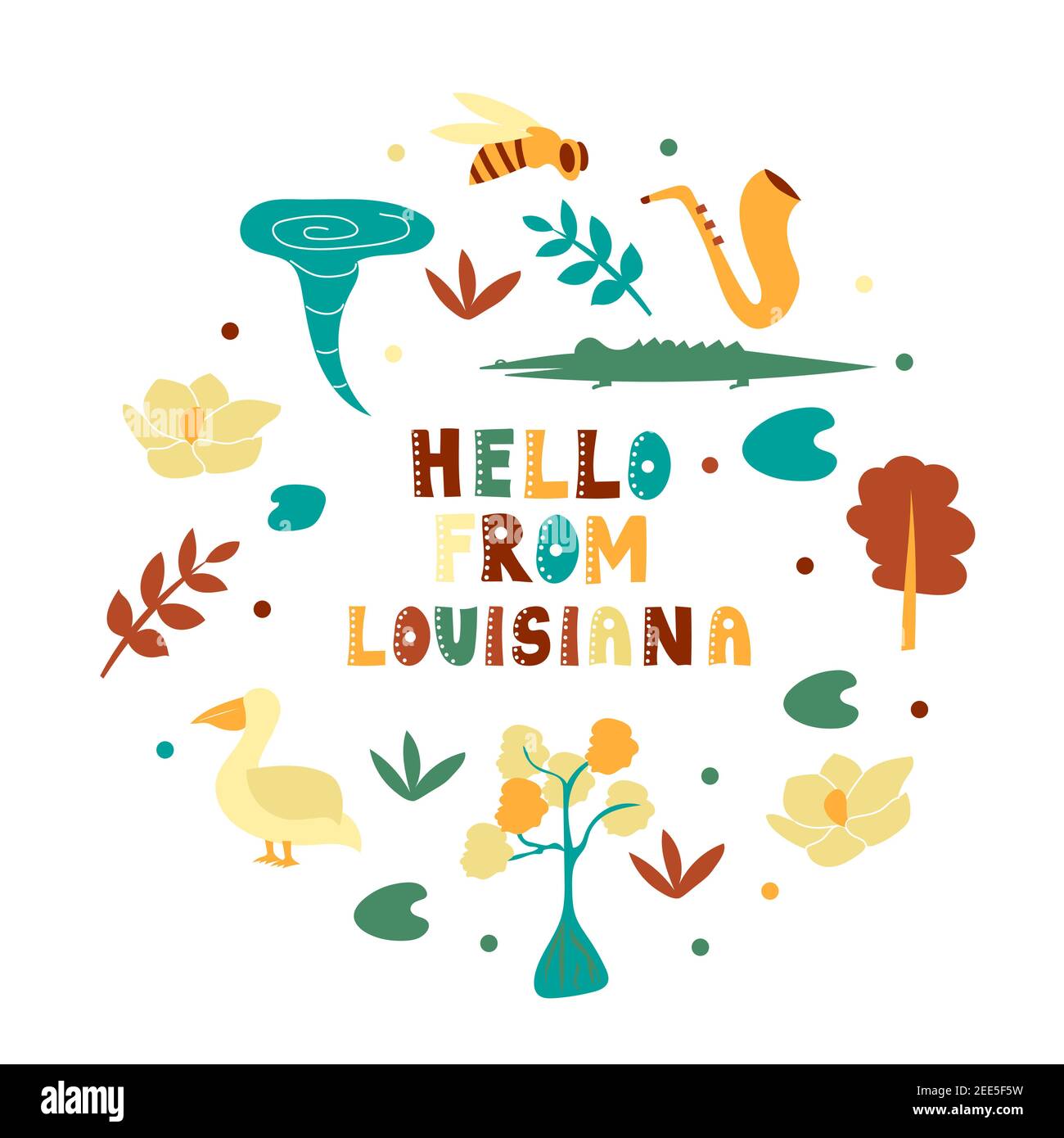 USA collection. Hello from Louisiana theme. State Symbols round shape card Stock Vector