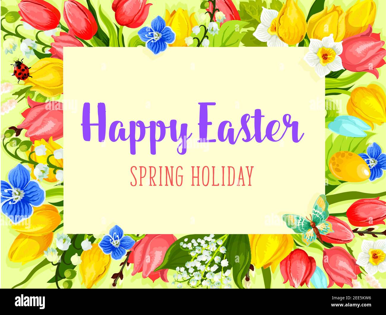 Easter spring holiday greeting card with flowers. Floral frame of tulip ...