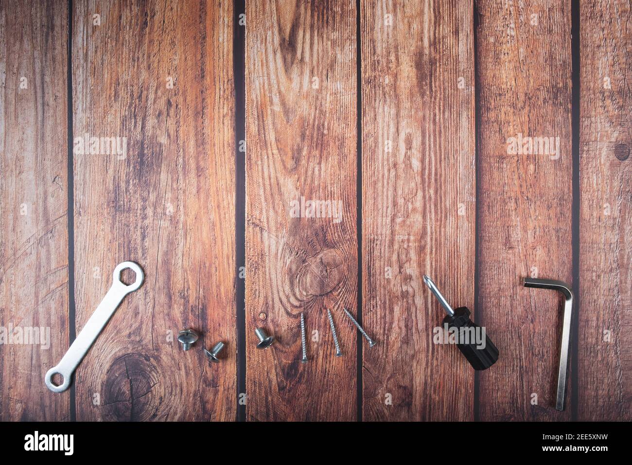 working tools on dark wood background with space for text Stock Photo