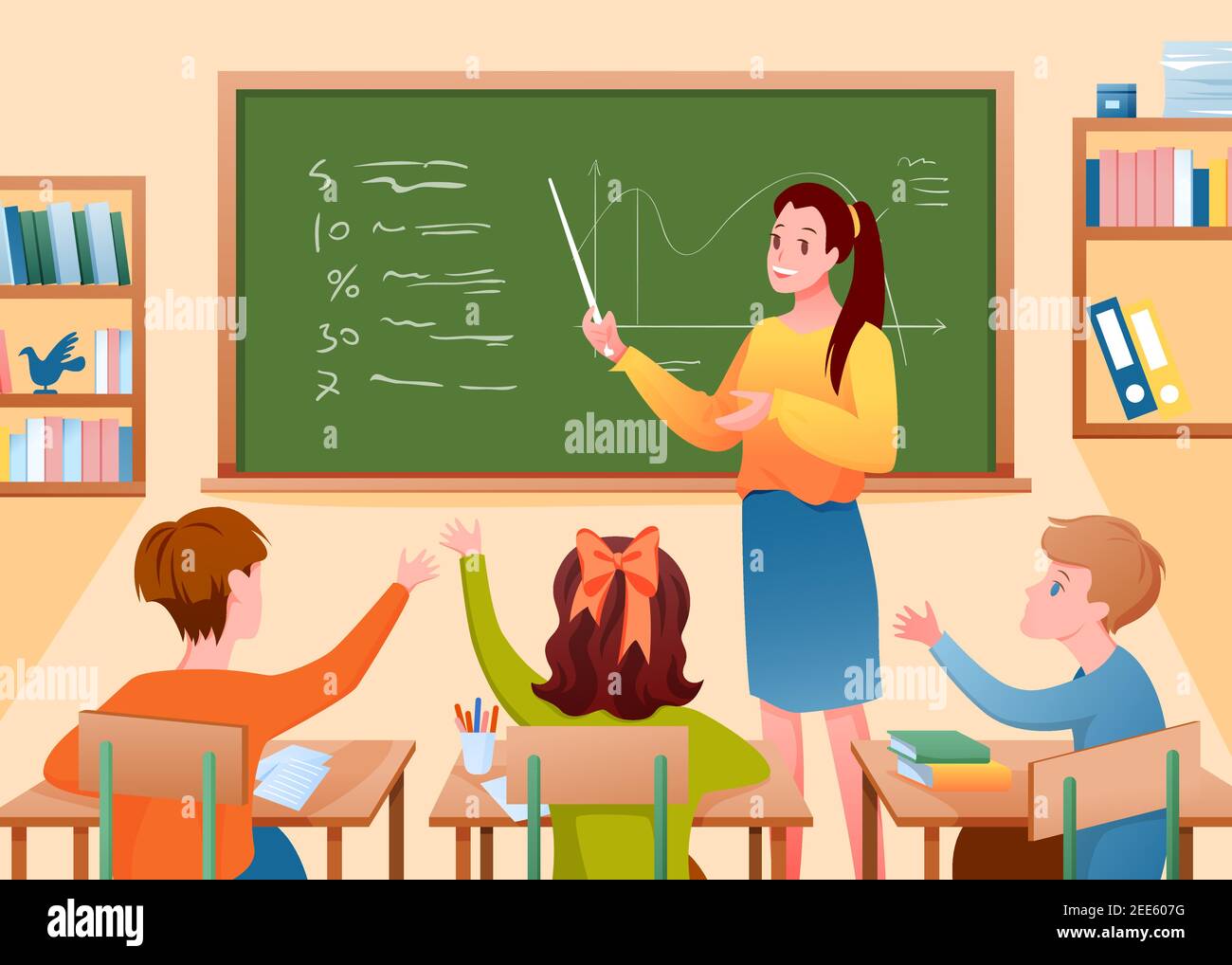 Pupil kids and teacher in classroom, woman teaching children with pointer, school lesson Stock Vector