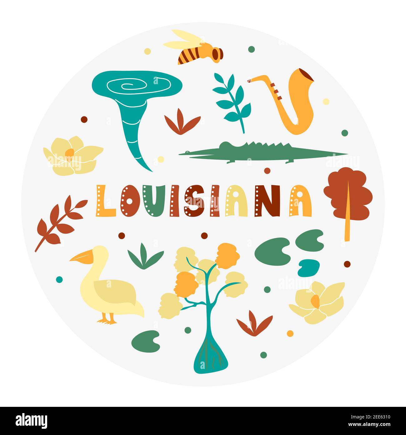 USA collection. Vector illustration of Louisiana theme. State Symbols - round shape Stock Vector