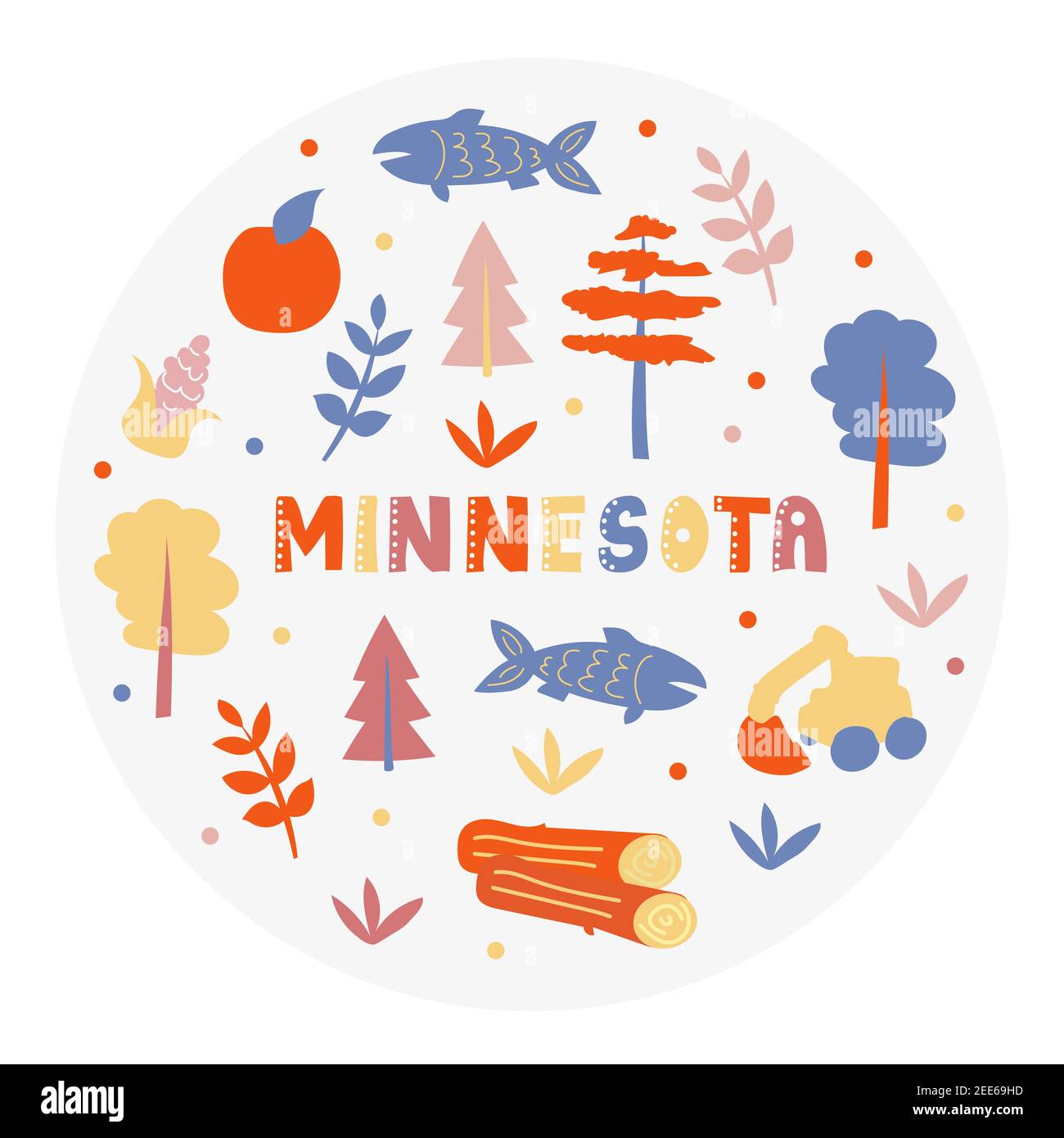 USA collection. Vector illustration of Minnesota theme. State Symbols - round shape Stock Vector