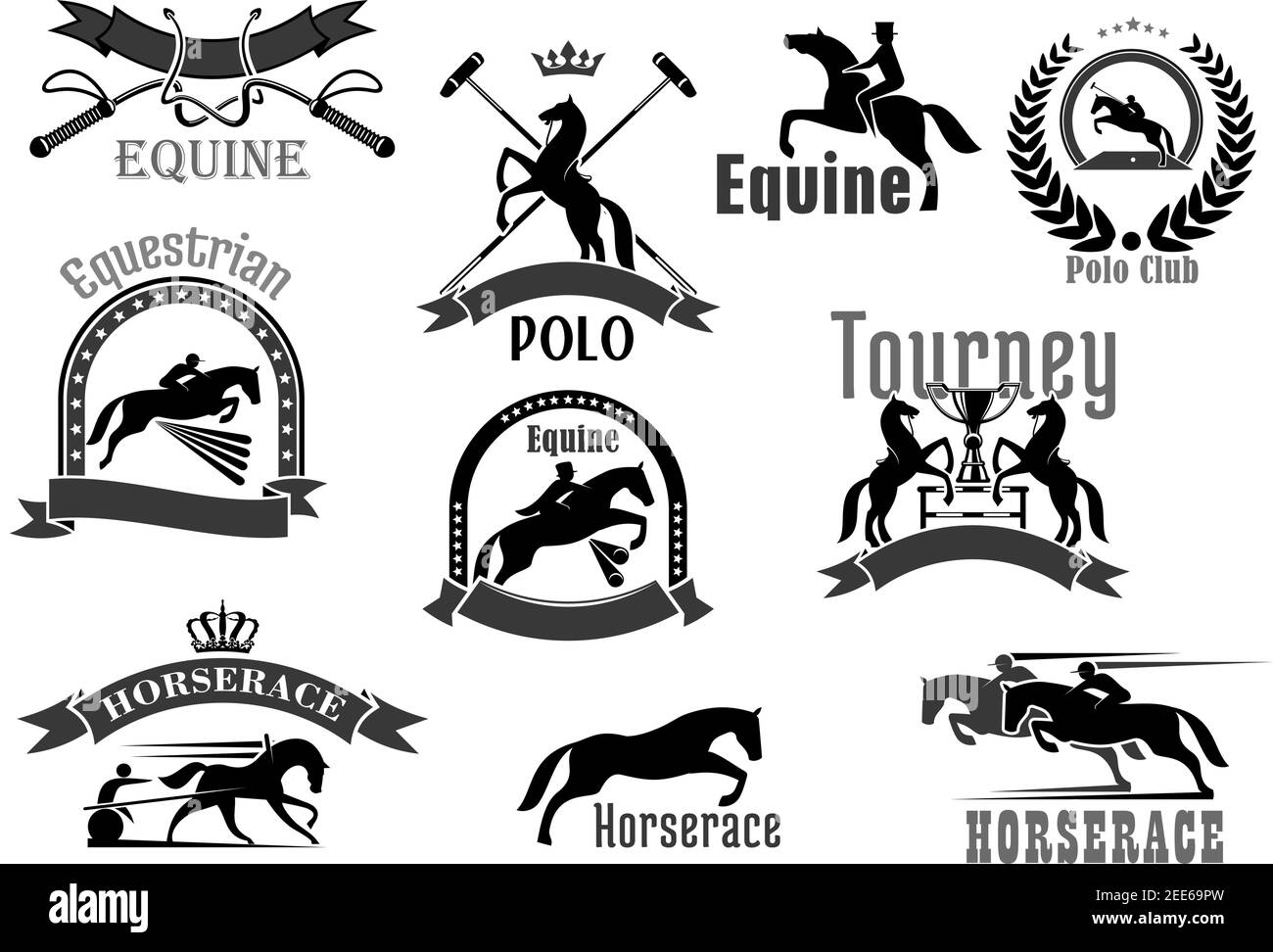 Polo or equine sport club vector badges. Horse races or equestrian jump show and racing contest symbols set. Icons of bat and whip, rider winner or ho Stock Vector