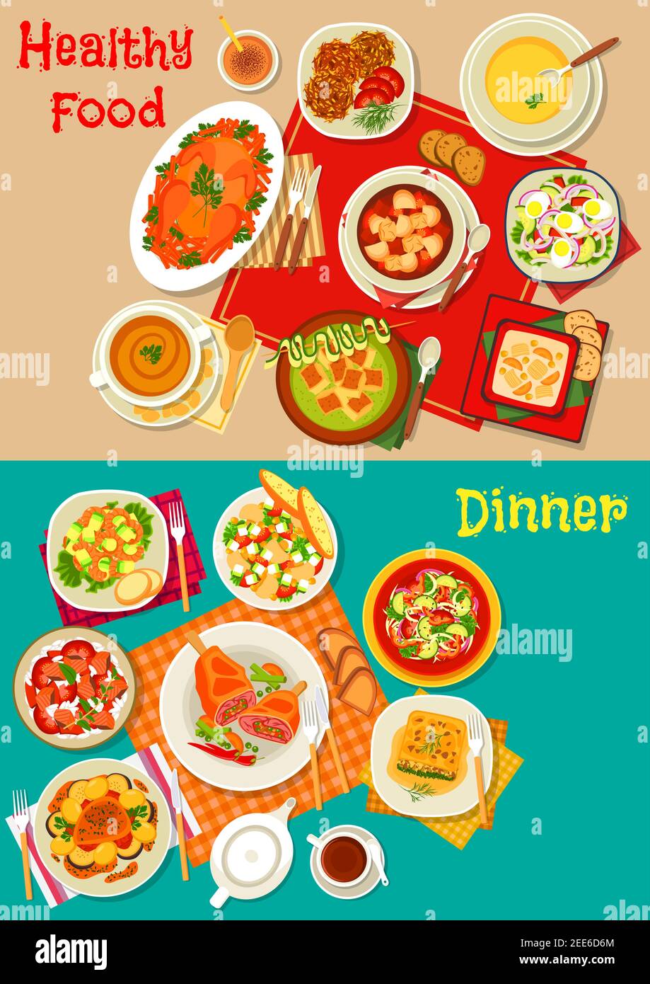 Fresh salad, soup and meat dishes icon of salads with vegetable, seafood, avocado and mushroom, baked chicken, pork and lamb, soup with pea, rice, bee Stock Vector