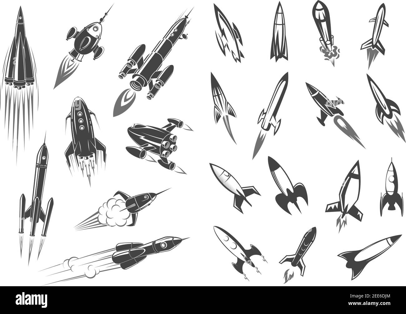 Rocket or spaceships and space shuttle icons for comic cartoon design. Retro missiles spacecraft startup or launch in cosmos with engine fire. Vector Stock Vector