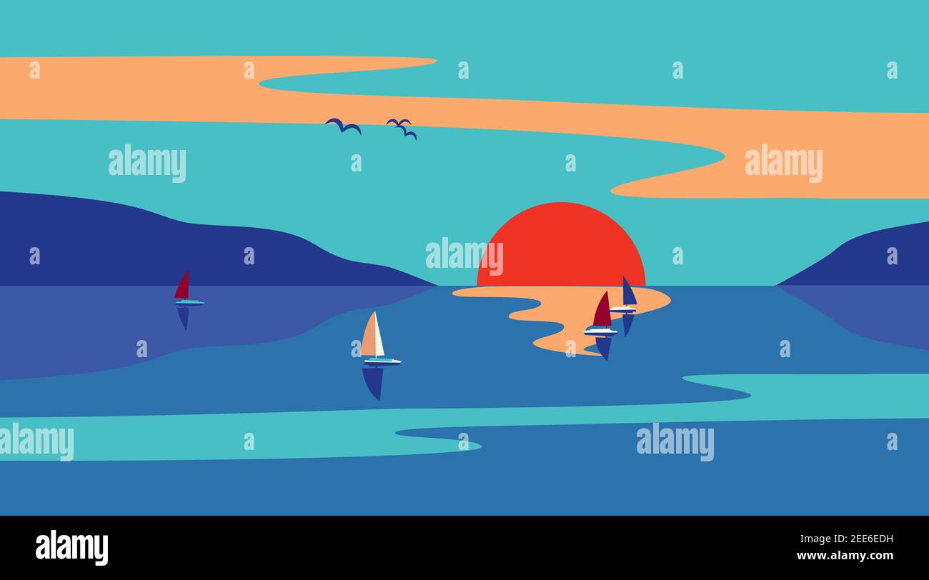 Seaside Sunset Minimalist Style flat color vector Stock Vector