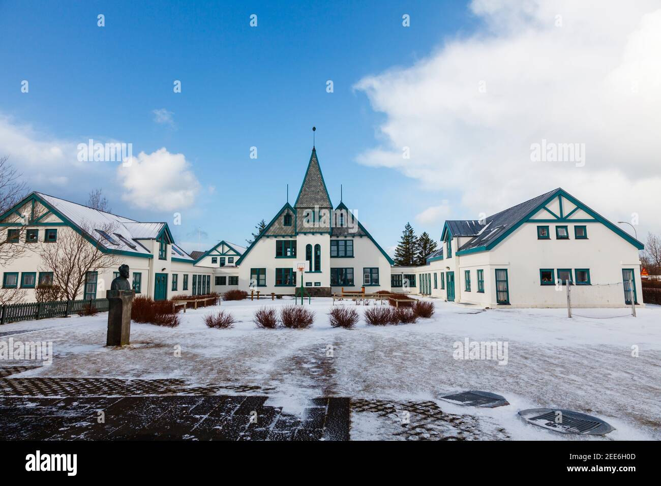Landakot School (Landakotssk—li), established in 1896, in central Reykjavik is Iceland's oldest and longest-running private school, in snow Stock Photo