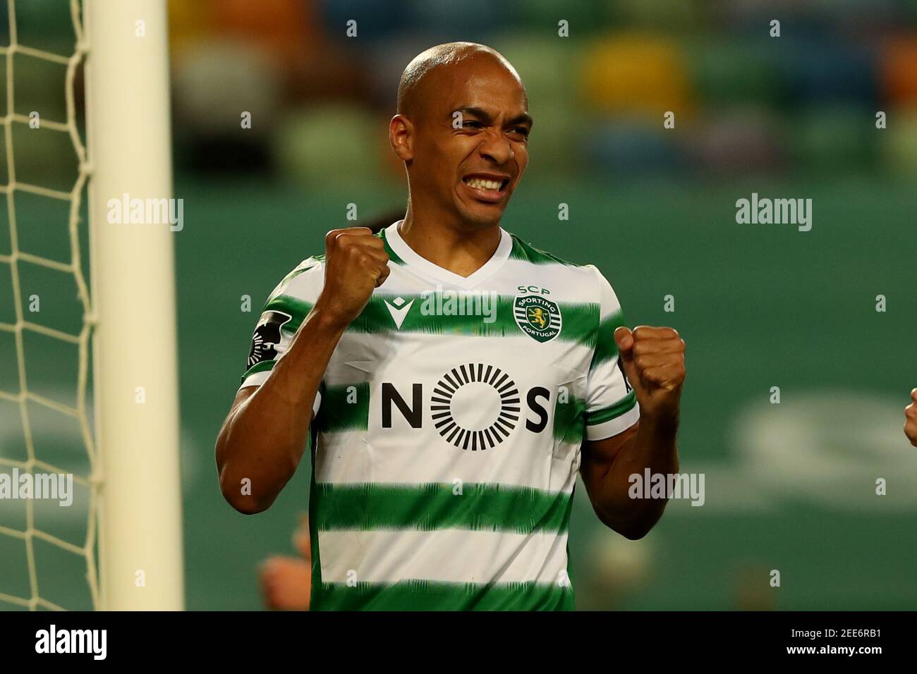 Lisbon, Portugal. 15th Feb, 2021. Joao Mario of Sporting CP celebrates after scoring a goal during the Portuguese League football match between Sporting CP and FC Pacos de Ferreira at Jose Alvalade stadium in Lisbon, Portugal on February 15, 2021. Credit: Pedro Fiuza/ZUMA Wire/Alamy Live News Stock Photo