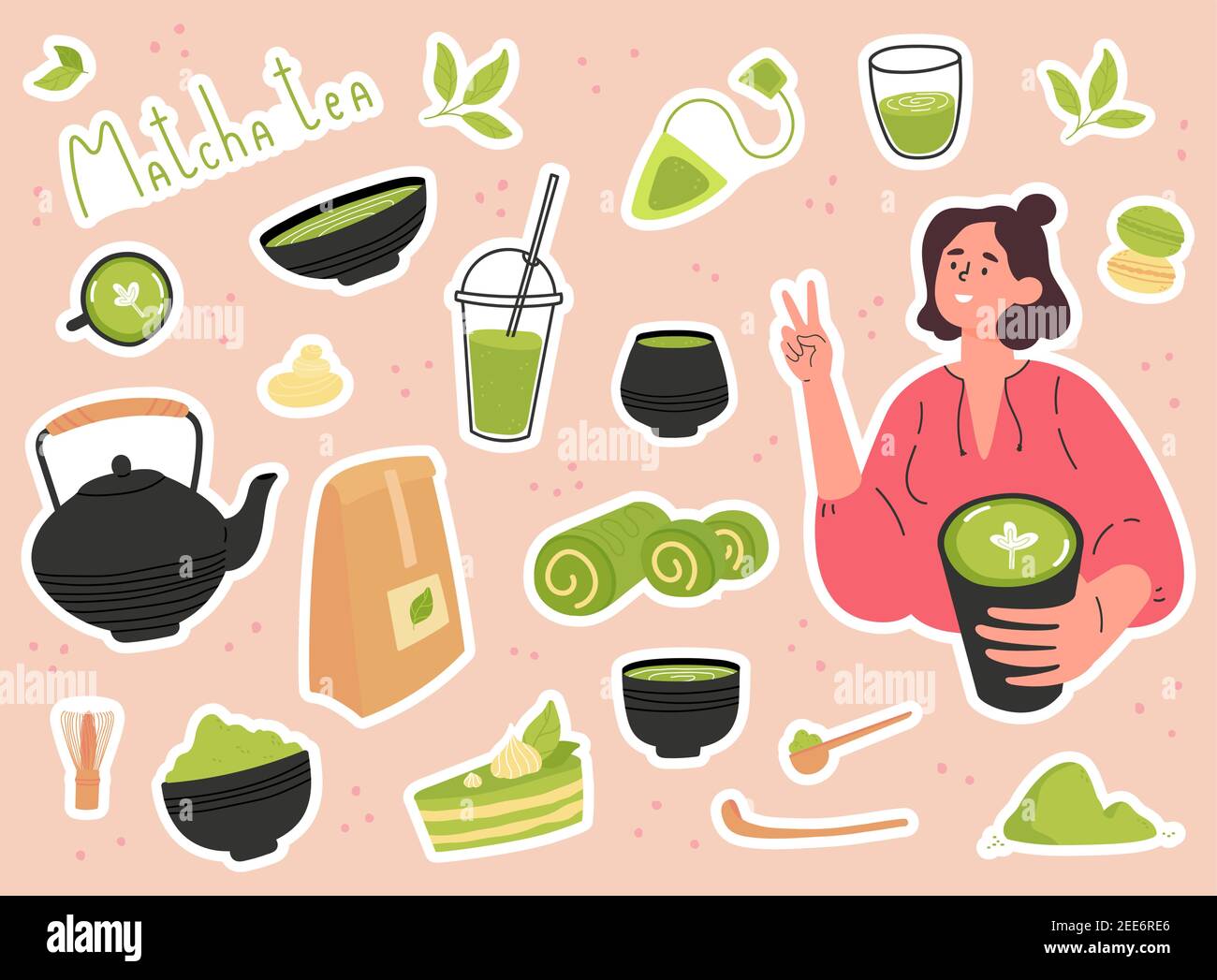 Various tea products made from matcha stickers.  Stock Vector