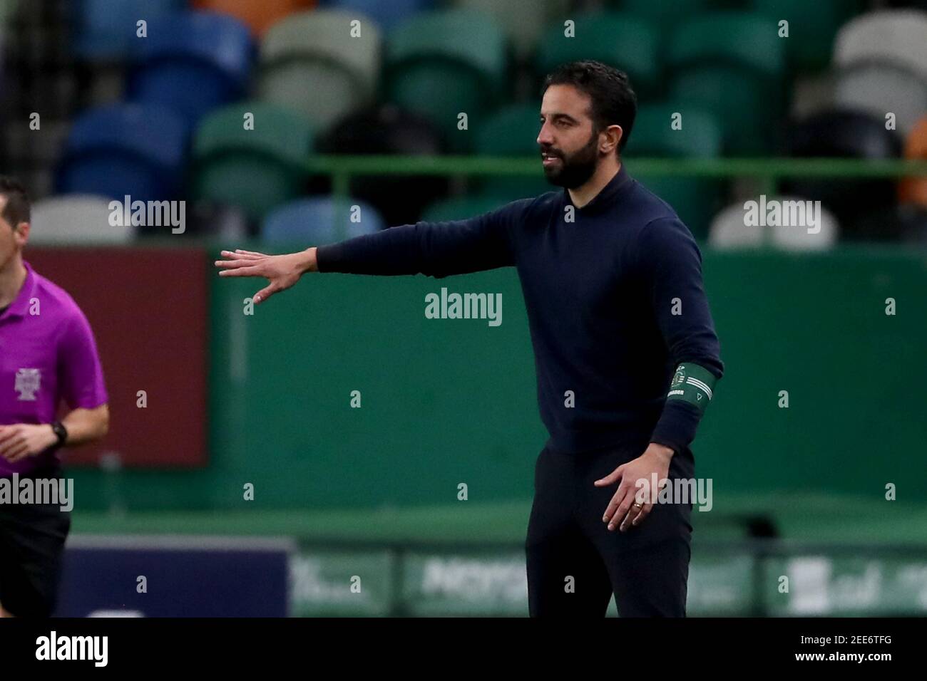 Lisbon, Portugal. 15th Feb, 2021. Sporting's head coach Ruben Amorim gestures during the Portuguese League football match between Sporting CP and FC Pacos de Ferreira at Jose Alvalade stadium in Lisbon, Portugal on February 15, 2021. Credit: Pedro Fiuza/ZUMA Wire/Alamy Live News Stock Photo